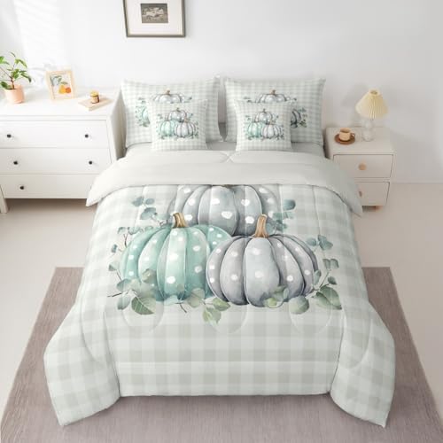 Erosebridal Thanksgiving Day 7 Piece Bedding Set King Fall Pumpkins Comforter Set with Sheets Autum Leaves Bed in a Bag Polka Dots Natural Bed Sets Comforter