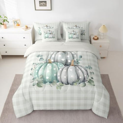 Erosebridal Thanksgiving Day 7 Piece Bedding Set Twin Fall Pumpkins Comforter Set with Sheets Autum Leaves Bed in a Bag Polka Dots Natural Bed Sets Comforter
