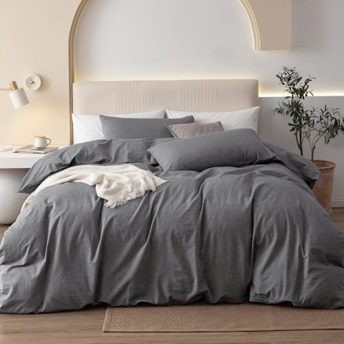 JIYUAN California King Washed Cotton Duvet Cover Set, Relaxed Linen Feel