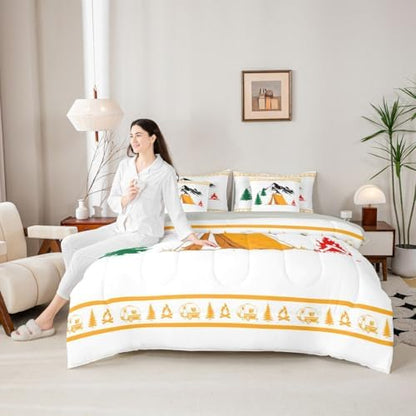 Erosebridal Rv Happy Camping Bed in A Bag Camper Decor Comforter Set with Sheets King Size for Kids Boys Teens Rustic Farmhouse 7 Piece Bedding Set Pine Tree Bonfire Bed Sets, Orange White