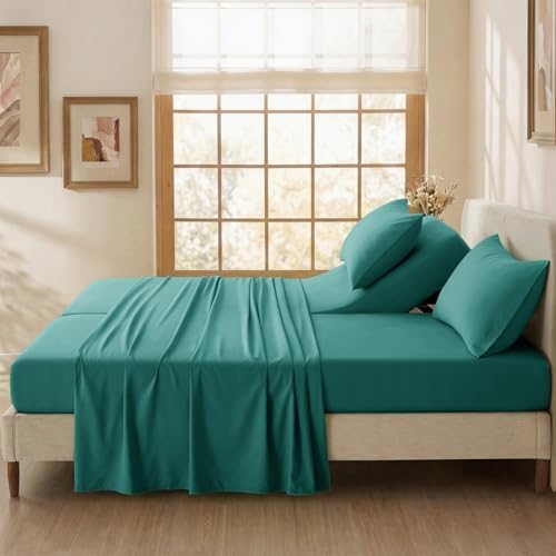 P Pothuiny 5-Piece Split King Sheets Set, Teal Soft Microfiber Fabric