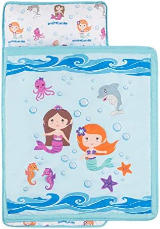 EVERYDAY KIDS Toddler Nap Mat with Removable Pillow -Underwater Mermaids- Carry Handle with Fastening Straps Closure, Rollup Design, Soft Microfiber for Preschool, Daycare Sleeping Bag, Ages 2-6 years