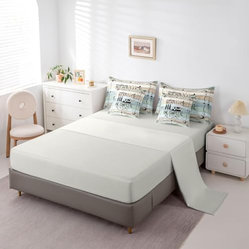 Happy Camping Comforter Set King, 7 Pieces Rv Camper Bed In A Bag Rustic Farmhouse Bedding Vintage Old Barn Door Bed Set (1 Comforter,2 Pillowcase,2 Throw Pillow Covers,1 Flat Sheet,1 Fitted Sheet)