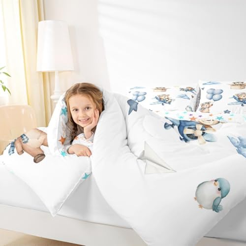 Erosebridal Cartoon Aircraft King Size Bedding Set, Cute Bear Airplane Propeller Plane Comforter Set for Kids Boys Girls Adults Bedroom, Lovely Bird Animals Comforter, Balloon Star Cloud Quilt