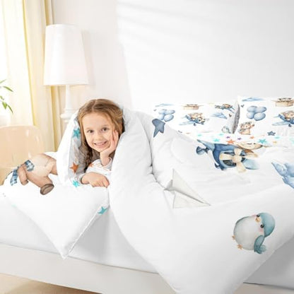Erosebridal Cartoon Aircraft Queen Bedding Set, Cute Bear Airplane Propeller Plane Comforter Set for Kids Boys Girls Adults Bedroom, Lovely Bird Animals Comforter, Balloon Star Cloud Quilt
