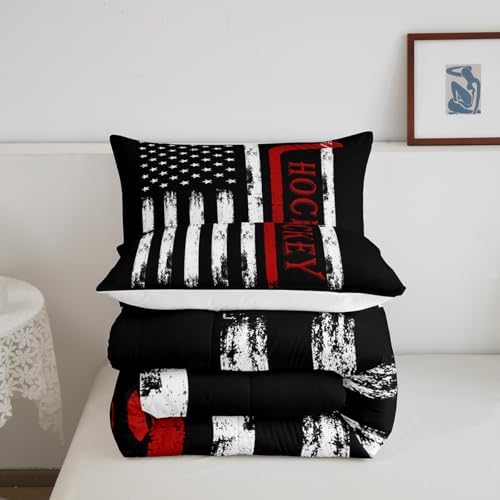 Castle Fairy Hockey Comforter Set American Flag with Red Hockey Stick Bedding Set for Kids Girls Women Adults Sports Comforter Retro Quilted Duvet Set Bedroom Collection Twin Size 2Pcs