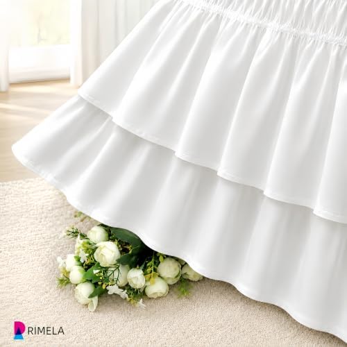 RIMELA Ruffle Bed Skirt Warm White Queen 15 Inch Drop, Elastic Wrap Around Bed Skirting Queen Size, Easy to Install Dust Ruffle, Machine Washable Soft Fabric, Multi Ruffle Bedskirt