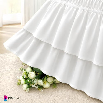RIMELA Ruffle Bed Skirt Warm White Queen 15 Inch Drop, Elastic Wrap Around Bed Skirting Queen Size, Easy to Install Dust Ruffle, Machine Washable Soft Fabric, Multi Ruffle Bedskirt