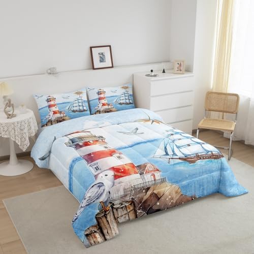 Coastal Lighthouse Comforter Set Twin Size,Nautical Sailboat Quilt Set Ocean Adventure Travel Bedding Set for Kids Girls Boys Teens Room Decor,Vintage Watercolor Duvet Insert,1 Pillowcase