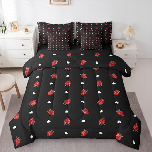 Erosebridal Kawaii Strawberry Queen Size Comforter Set, Cute Fruits Theme Sweet 7-Piece Bed in A Bag, Red Black Sheets and Pillowcases, Heart Pattern Bedding Set Room Decor