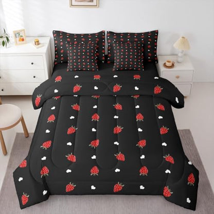 Erosebridal Kawaii Strawberry Queen Size Comforter Set, Cute Fruits Theme Sweet 7-Piece Bed in A Bag, Red Black Sheets and Pillowcases, Heart Pattern Bedding Set Room Decor