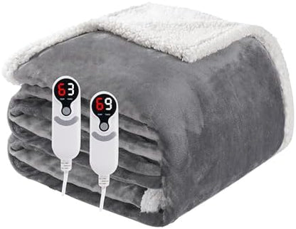 Electric Heated Blanket Queen Size 84"x90", Soft Flannel with Dual Controllers & Overheat Protection, 9 Adjustable Heat Settings & 10-Hour Auto-Off Timer, Fast Heating, for Bedroom & Bed, Light Gray