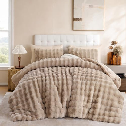 YIKUSH King Faux Fur Soft Comforter Set, Fluffy Khaki Rabbit Fur Comforter