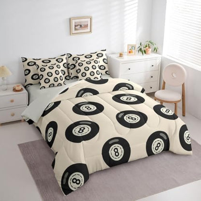 Fashion Lucky 8 Ball Comforter Set Twin Size 7 Piece Bedding Set For Girls Room Decor,Y2K Trendy Lucky 8 Ball Down Bed In A Bag For Kids Teen Adults,Funky Aesthetic Preppy Bed Set,Beige Black