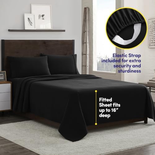 Flannel Sheets Warm and Cozy Deep Pocket Breathable All Season Bedding Set with Fitted, Flat and Pillowcases, Twin, Black