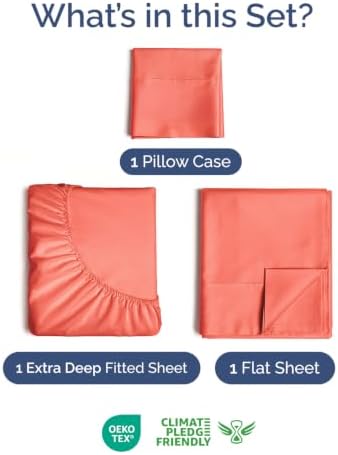 Extra Deep Pocket Twin XL Size Sheet Set - Breathable & Cooling - Coral