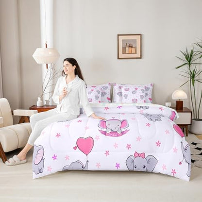 Erosebridal Girls Elephant 7 Piece Comforter Set Twin | Cute Elephant Cartoon Animals Bedding Set for Kids Nursery Bedroom Pink Heart Shaped Comforter with Sheets Kawaii Wildlife Floral Duvet Insert