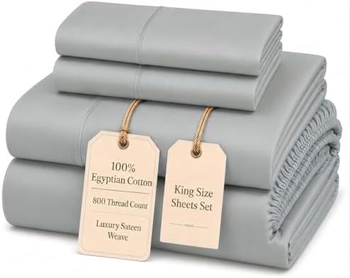 100% Cotton Sheets, 800 Thread Count 4 Piece King Size Sheets Set - Silver