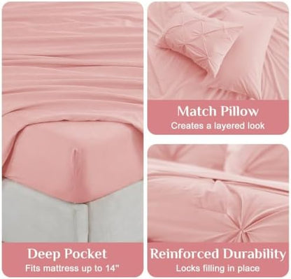 JOLLYVOGUE King Size Comforter Set 7 Pieces - Bed in a Bag King for All Season, Pintuck Bedding Comforter Sets with Comforter, Flat Sheet, Fitted Sheet and Pillowcases & Shams, Pink