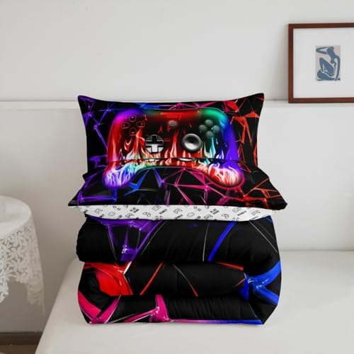 Castle Fairy Modern Honeycomb King Size Comforter/Duvet Set,Boys Gamepad Ultra Soft Bed Collection,Video Games Gamer Bedding for Room Decor 3 Pcs,Microfiber Breathable
