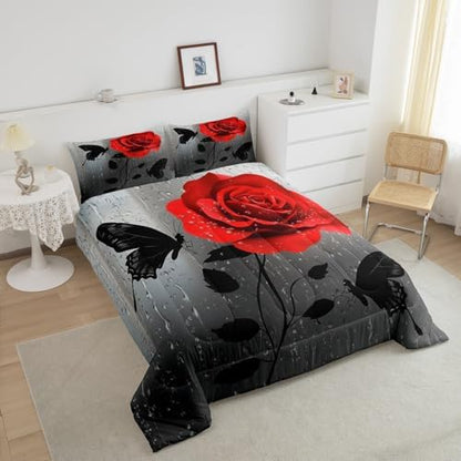 jejeloiu Red Rose Comforter Set Twin Size Kids Floral Flower Bedding Set for Boys Girls Teens Garden Flower Butterfly Duvet Breathable Romantic Quilt Bedroom Decor,1 Comforter with 1 Pillowcase