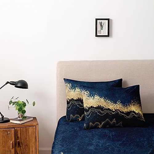 Dark Blue Marble Duvet Cover Set King Size Golden foil Bedding Comforter Covers Marbling Bed Set with 2 Pillow Shams Breathable Durable Soft Comfy
