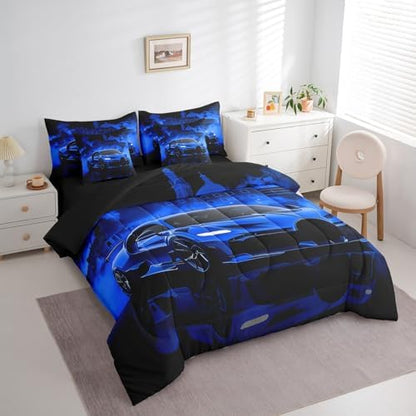 jejeloiu Kids Race Car Comforter Set with Sheets Queen Size Extreme Sport Games Bedding Set for Boys Girls Bedroom Decor Modern Blue Bed in a Bag Soft Lightweight Microfiber