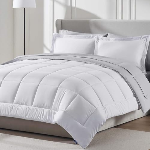 Nestl 9 Piece California King Comforter Set – White Reversible Bed in a Bag – Complete Cal King Size Bedding Set with Sheets, Set of 2 Down Alternative Pillows, Pillowcases and Shams