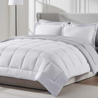 Nestl 9 Piece California King Comforter Set – White Reversible Bed in a Bag – Complete Cal King Size Bedding Set with Sheets, Set of 2 Down Alternative Pillows, Pillowcases and Shams