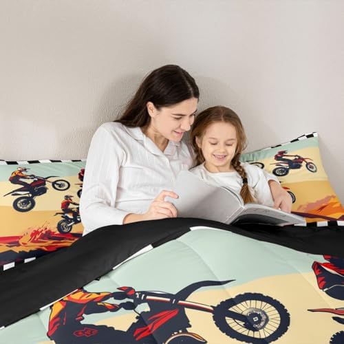 Feelyou Multi-Rider Motocross Comforter Set Full Desert Racing Dirt Bike Bedding Set Checkered Flag Duvet Quilt for Boys Girls Room Off-Road Racing Design Decor Outdoor Sports Soft Breathable