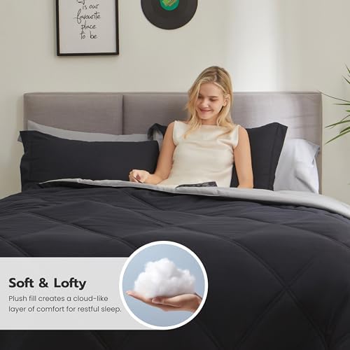 Joiedomi Full Size Comforter Set with Sheets Black, 7 Pieces Full Size Bed Set with 1 Down Alternative Comforter, 1 Flat Sheet, 1 Fitted Sheet, 2 Pillowcases and 2 Pillow Shams, Bed in a Bag