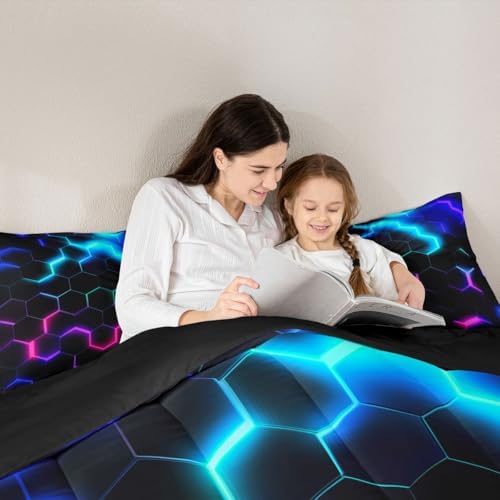 Castle Fairy Honeycomb Bedding Set King Size,Neon Purple Blue Hexagon Comforter Quilt Set 3pcs,Kids Boys Teen Man Bedroom Decor Fashion Gamer Quilted Duvet 2 Pillowcases,Black