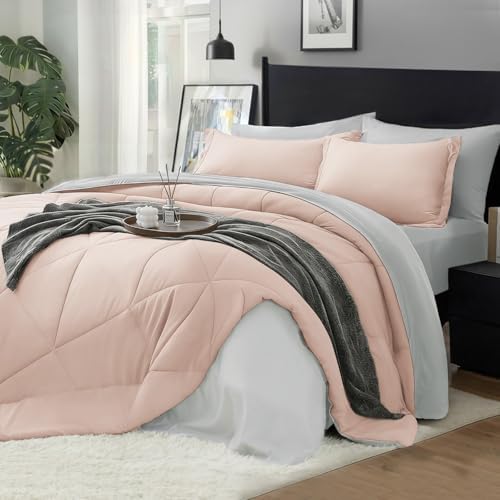 BEDELITE Twin Comforter Set 5 Pieces, Reversible Dusty Pink Bed in A Bag