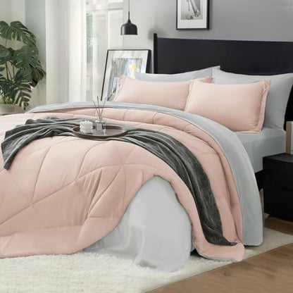 BEDELITE Queen Comforter Set 7 Pieces, Reversible Dusty Pink Bed in A Bag