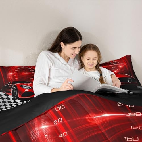 Erosebridal Red Race Car Queen Comforter Set for Kids Boys,Glitter Ombre Line Art Bedding Set Neon Light Sports Car Dashboard Quilt,Black and White Grid Lattice Buffalo Plaid Decor