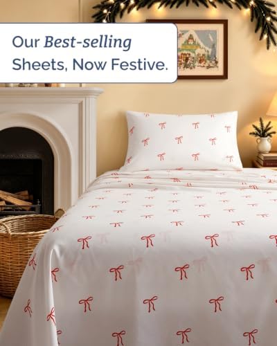 Christmas Sheet Set, Dainty Red Bows, Holiday Xmas Bedding Set - Twin XL