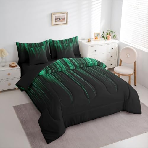 Feelyou Neon Green Black Comforter Set Queen Size 7 Pieces Geometric Bedding Set for Kids Boys Girls Ombre Bed in a Bag with Comforter, Sheets, Pillowcases, Cushion Covers Lightweight