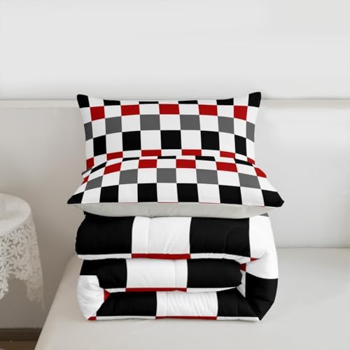 Checkered Geometric Comforter Set Twin Size Red Grey Black Plaid Bedding Set for Kids Boys Girls Checkerboard Modern Aesthetic Duvet Quilt Reversible Grey Bedroom Decor 2 Pcs with 1 Pillow Cases
