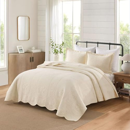 Cotton Floral Embroidery Bedspread Quilt Set (Tu Beige,King (114"x102"))