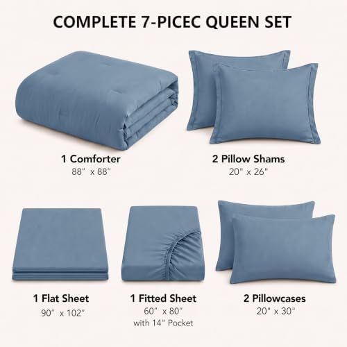 HIMEET Queen Comforter Set, 7-Piece Point-Quilted Bed in a Bag Grayish Blue