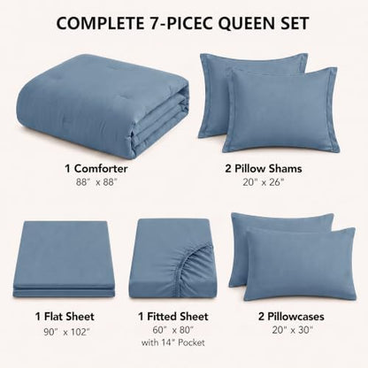 HIMEET Queen Comforter Set, 7-Piece Point-Quilted Bed in a Bag Grayish Blue