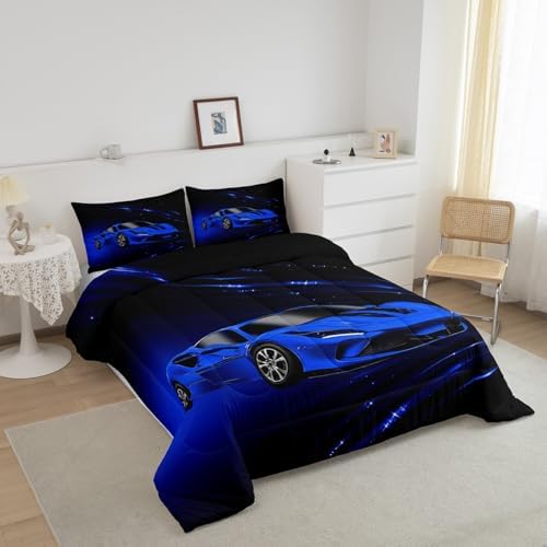 Feelyou Boys Blue Race Car Bedding Set Toddle Size Speed Sports Car Comforter Set for Kids Teens Adult Fast and Furious Duvet Set Blue Ombre Quilt Set 2Pcs