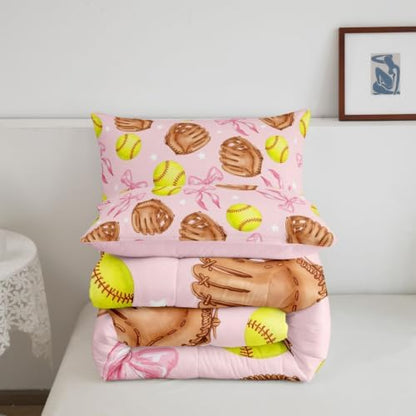 Cartoon Baseball Bedding Sets King Size,Pink Silk Bow Print Comforter Set 3Pcs for Teens Adult Woman Men Room Decor,Coquette Little Star Quilted Duvet Brown Baseball Glove Down Comforter,2 Pillowcases