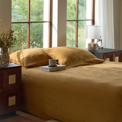 Sijo Stone Washed Organic French Linen Bed Sheet Set, GOTS Certified Organic, Best Cooling Linen Sheet Award by Sleep Foundation, 3 Piece - 2 Pillowcases and 1 Fitted Sheet (Turmeric, Queen)