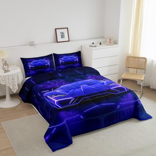 Feelyou Boys Sports Car Bedding Set King Size,Blue Black Race Car Comforter Set,Boys Bedroom Room Decor,Geometric Hexagon Racing Car Comforter,Cool Speed Luxury Car Decor Bed Set for All Season