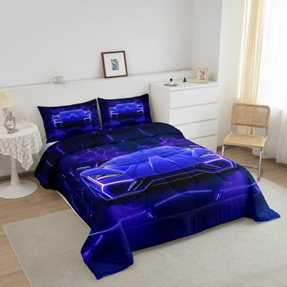Feelyou Boys Sports Car Bedding Set King Size,Blue Black Race Car Comforter Set,Boys Bedroom Room Decor,Geometric Hexagon Racing Car Comforter,Cool Speed Luxury Car Decor Bed Set for All Season