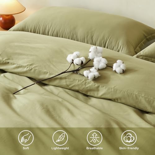 Duvet Cover Set Twin Size 100% Organic Cotton Olive Green, SAPHREAS 2 Pcs Soft Bedding Comforter Cover with Zipper Closure & Corner Ties, Comforter Not Included