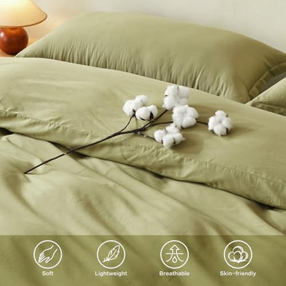 Duvet Cover Set Twin Size 100% Organic Cotton Olive Green, SAPHREAS 2 Pcs Soft Bedding Comforter Cover with Zipper Closure & Corner Ties, Comforter Not Included