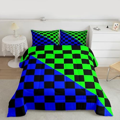 Feelyou Checkered Retro Comforter Set All Season Modern Geometric Cute Bedding Set with 1 Pillow Cases Blue Green Kids Toddler Bedclothes Vintage Simple Groovy Aesthetic Bedroom Decor Duvet Quilt