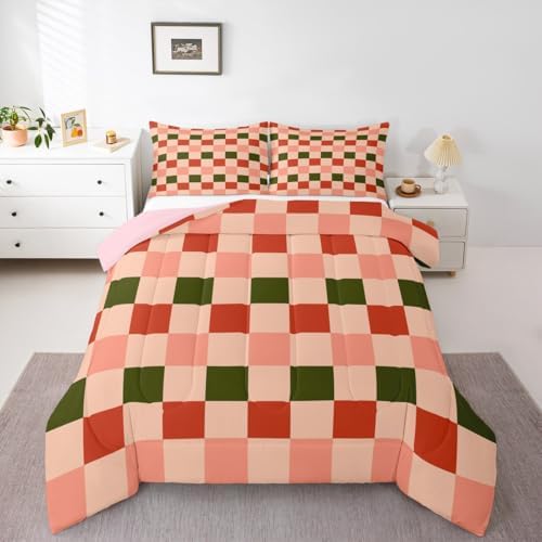 Feelyou Checkered Geometric Bedding Set for Boys Girls Pink Green Red Plaid Comforter Set King Size Checkerboard Modern Aesthetic Duvet Quilt Reversible Pink Bedroom Decor 3 Pcs with 2 Pillow Cases
